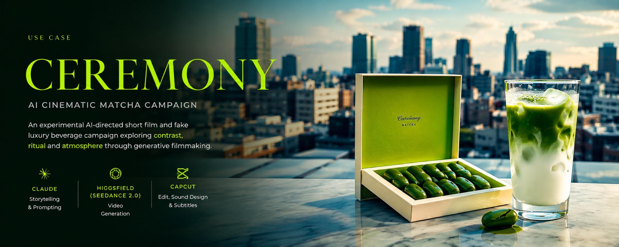 Ceremony — matcha capsule box and latte on marble, Tokyo skyline