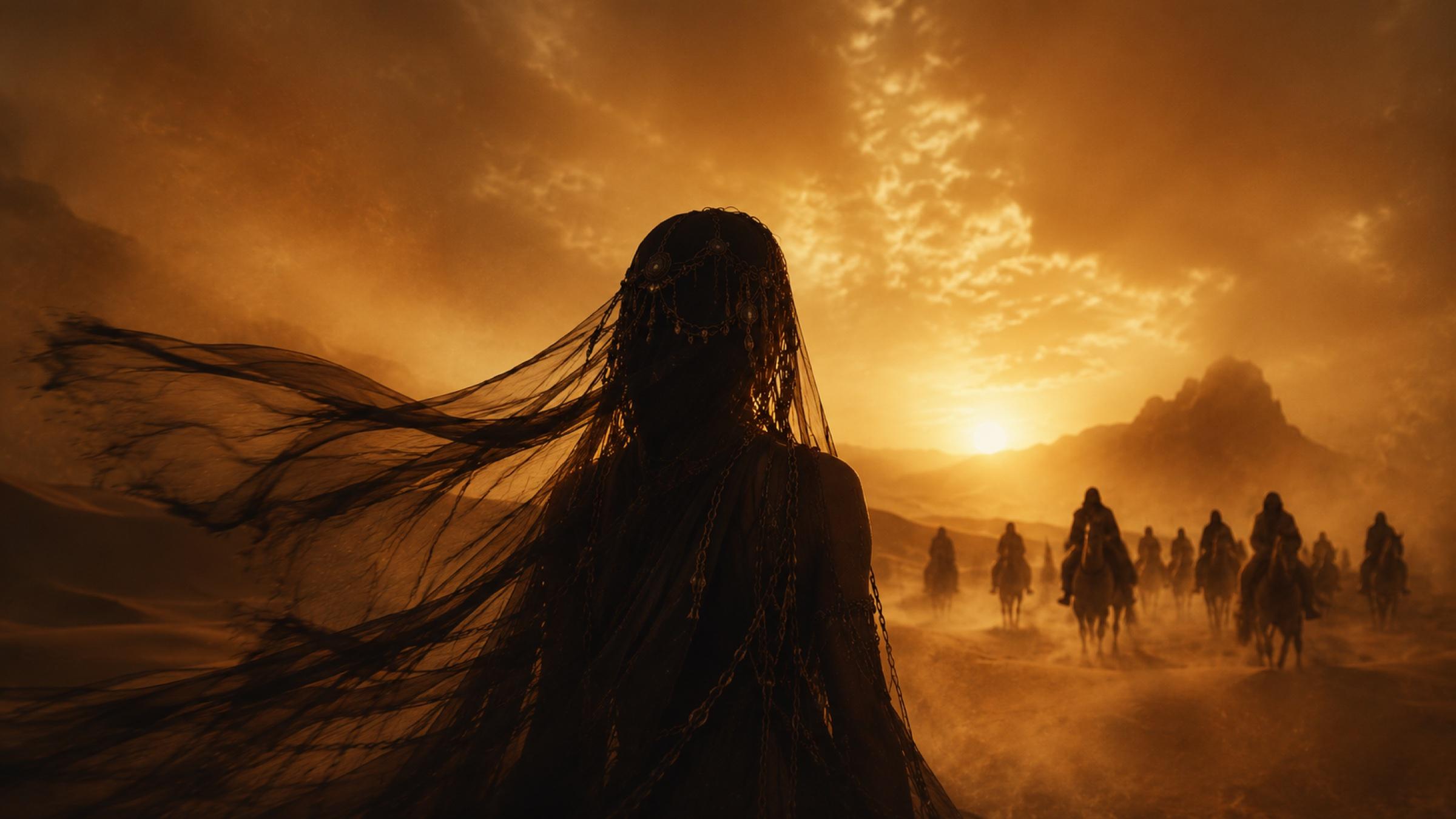 Dust of GOD — veiled figure in the desert at sunset, riders in the background