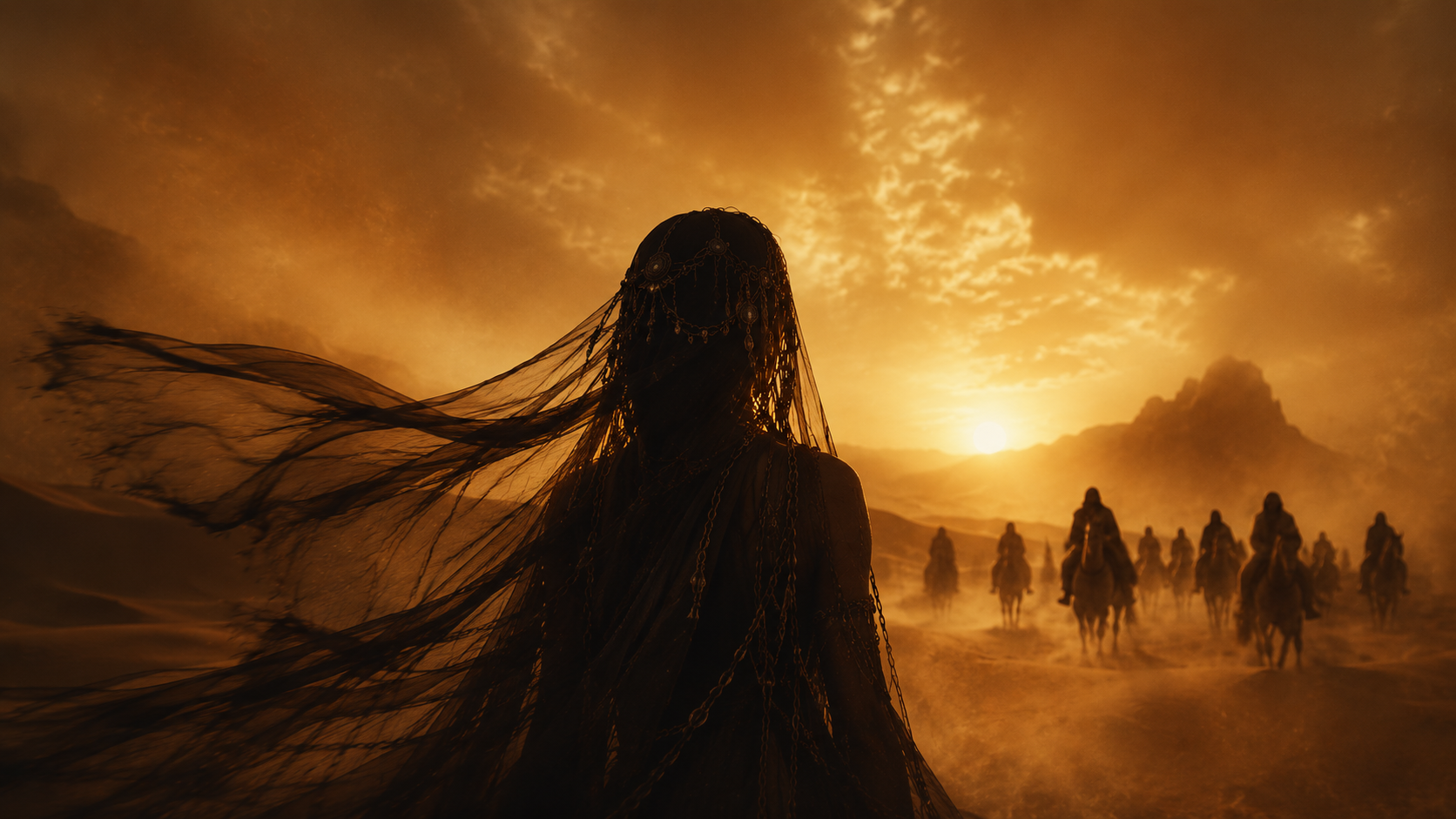 Dust of GOD — veiled figure in the desert at sunset, riders in the background