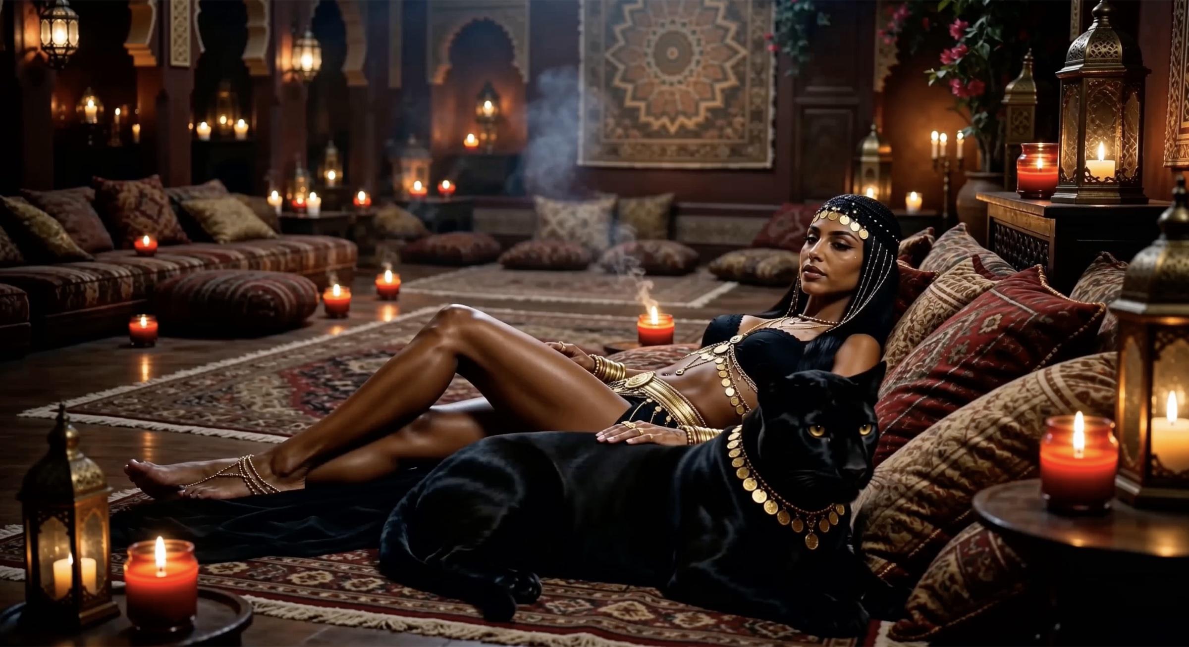 NÛR — woman in oriental jewelry reclining with a black panther, warm candlelit atmosphere