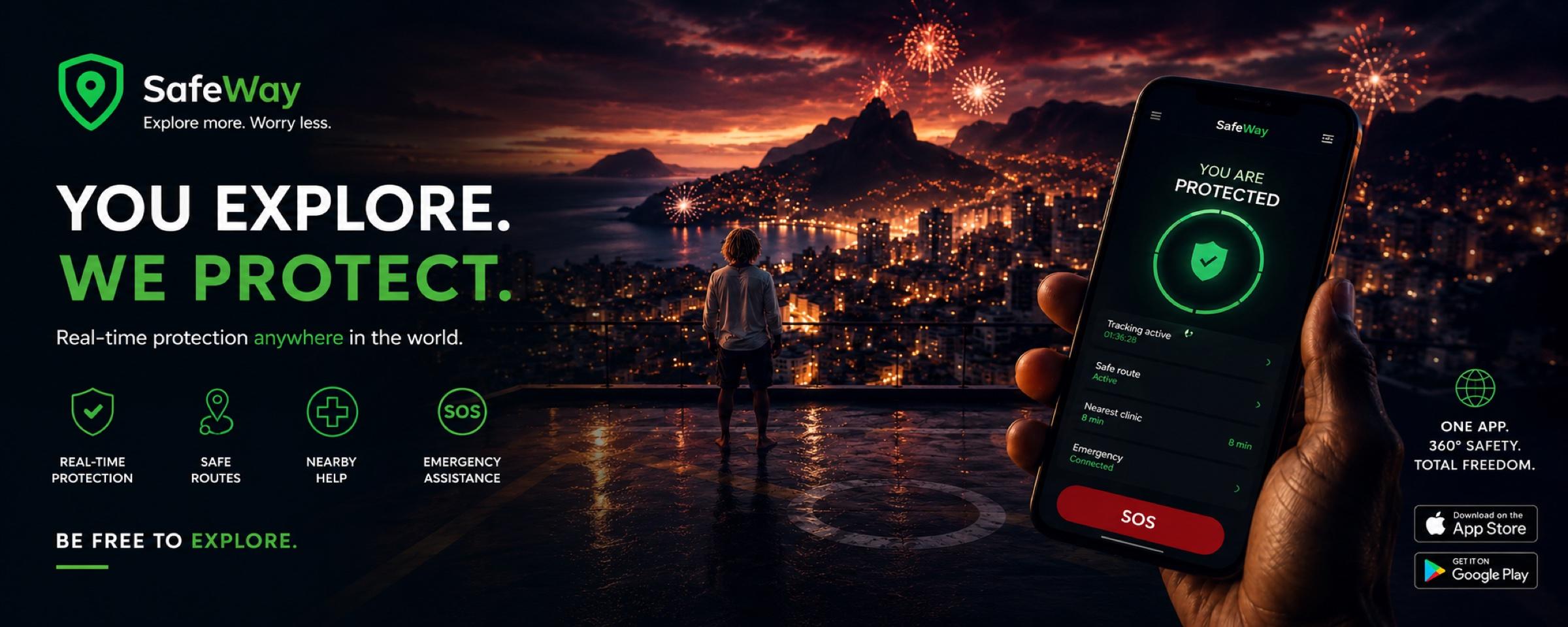 SafeWay — traveler on a rooftop facing Rio at night, fireworks, app screen
