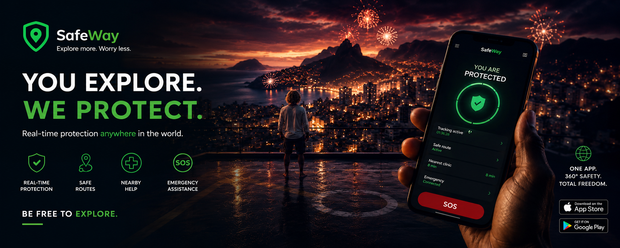 SafeWay — traveler on a rooftop facing Rio at night, fireworks, app screen