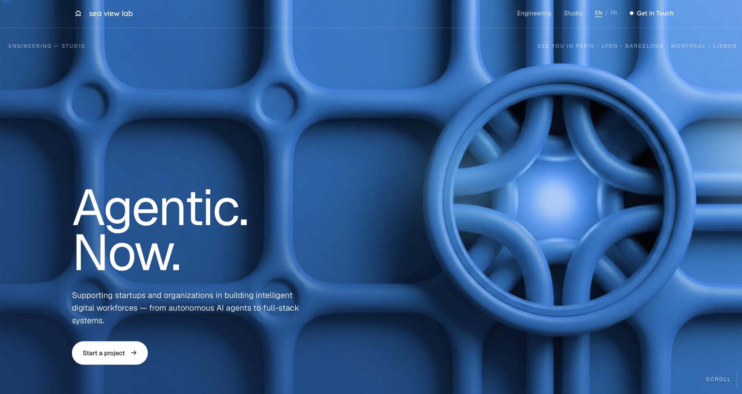 Sea View Lab — 'Agentic. Now.' hero with deep blue 3D grid and symmetrical central ring
